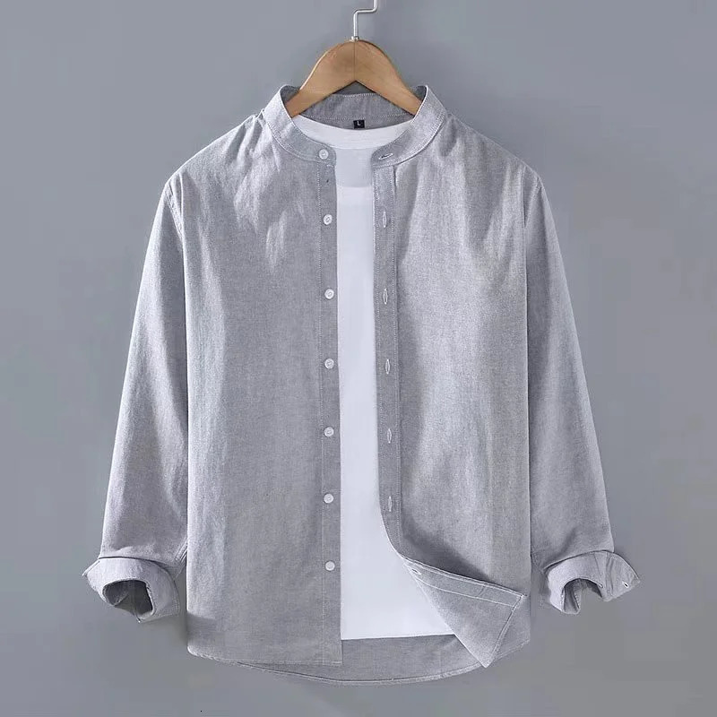 Spring Summer Mens Linen Shirt Pure White Stand Collar Long Sleeve Henley Soft Comfortable Simple Slim Fashion 251029