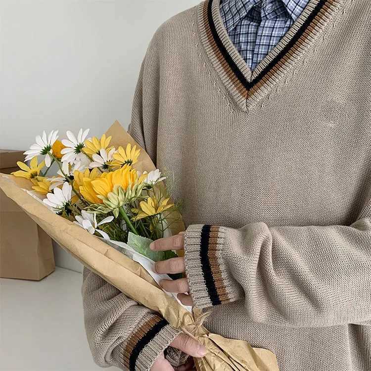 Mens Knitted Sweater VNeck Layering Color Block College Style Winter Casual Top Chinese Brand Clothing Winter Season J251029