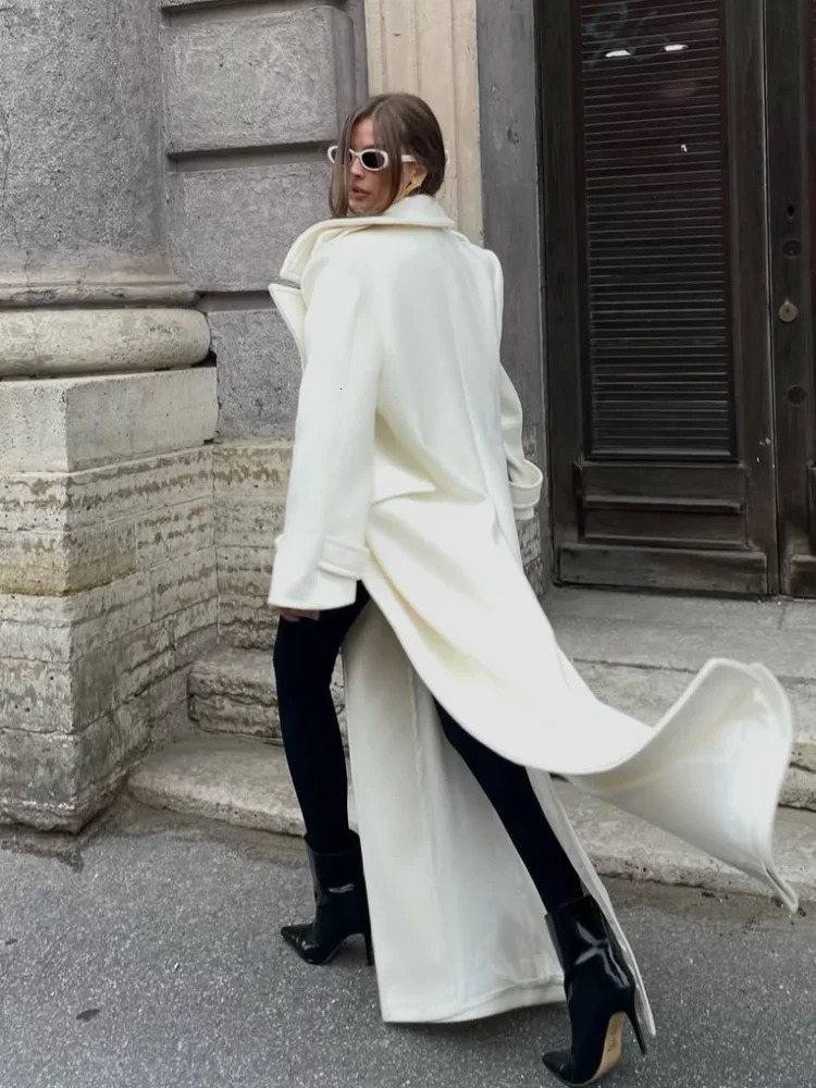 Elegant Lace Up Overcoats Women Doublebreasted Wool Long Coats With Pockets High Street Fashion Autumn Winter Outerwears 251028