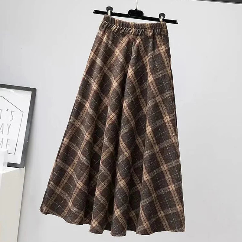 Rimocy Autumn Winter Woolen Skirt Women Korean Style Thick High Waist Long Skirt Woman A Line Pleated Plaid Skirt Female 251028