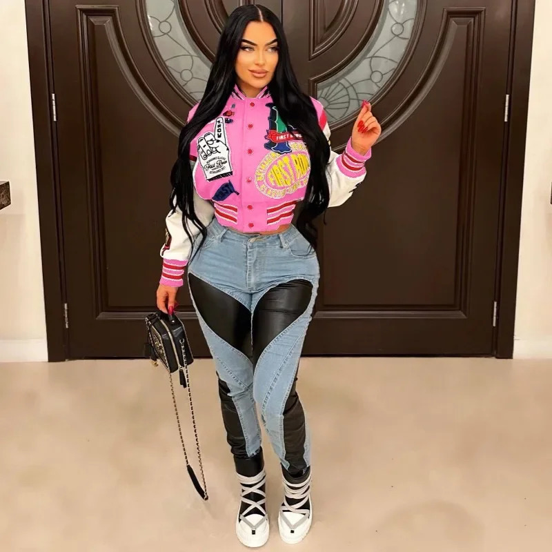 Letter Print Color Patchwork Woolen Varsity Jacket Women Long Sleeve Single Breasted Short Baseball Coat Casual Sporty Outwear 251029