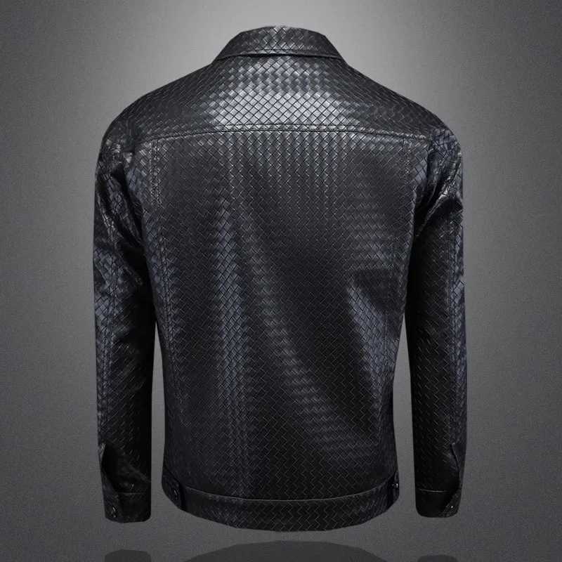 2025 New Plaid Embossed Faux Leather Motorcycle Jacket Mens Casual Autumn Coat 5XLT251029