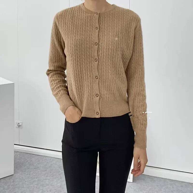 Autumn Winter New Style Pure Wool Knitted Cardigan Women's Simple Round Neck Twisted Pattern Solid Color Long Sleeve Trendy Women Sweater Designe
