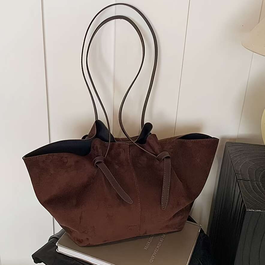 Dark Brown Suede Tote Bag Women Capacity Odorless Organizer With Decorative Tie Details, Holds Essentials, Versatile For Dinner