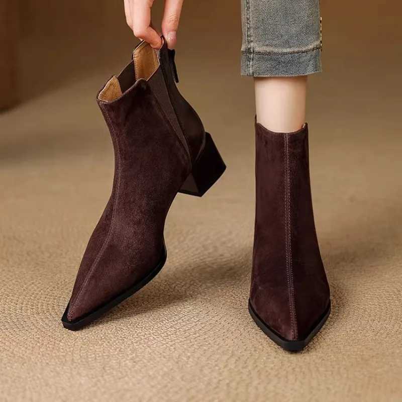 Autumn Winter Women Thick Heel Ankle Boots Elegant Back Zippers Shoes Modern Leather Suede Splicing Short Botas Para Mujer Z251029