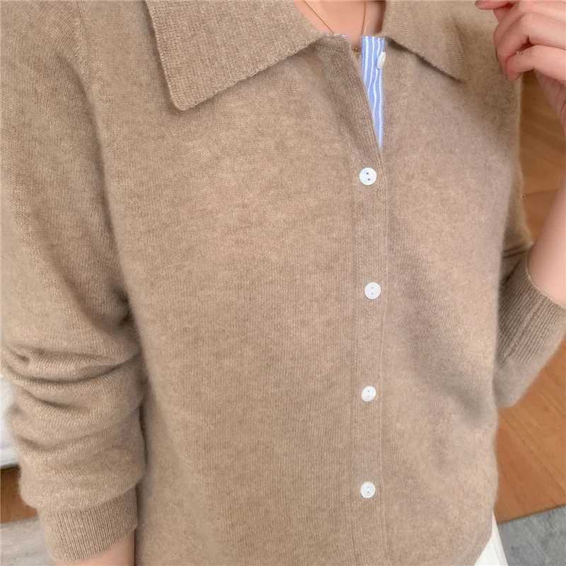 Womens Polo Collar Shirt Cardigan Merino Wool Sweater Longsleeve Color Bar Clothing Spring Autumn Warm Knitwear Female TopT251028
