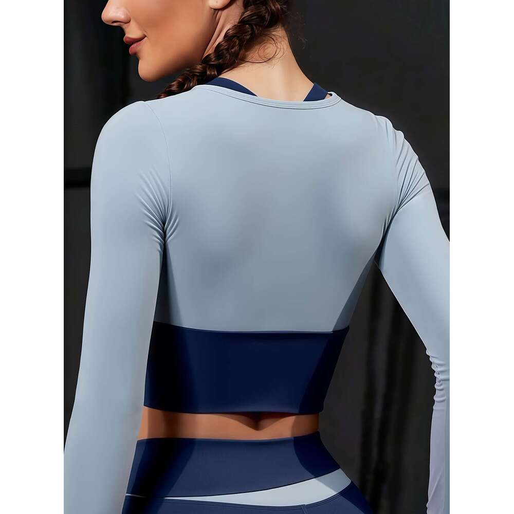 2pcs Women's suit Colorblocked design Long sleeves Built-in bra pads Matching leggings Suitable for cycling, fiess, yoga, running sports