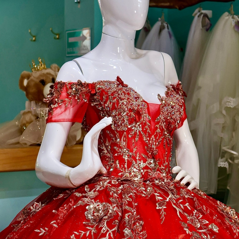 Red Shiny Quinceanera Dresses Off The Shoulder Applique Bow Beads Tull Party Birthday Sweet 16 Dress Vestidos 15 de anos