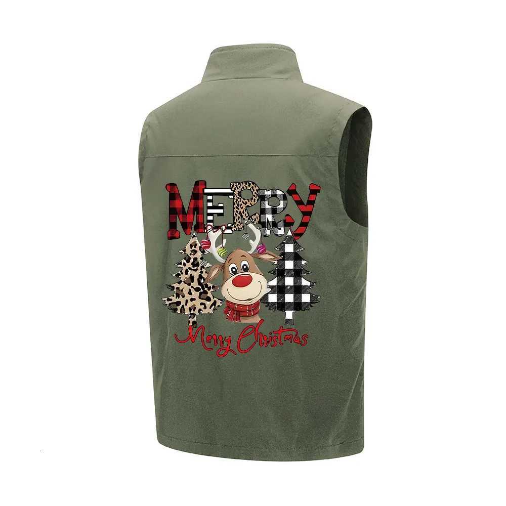 Mens Vest Coat Christmas Elk Prints Multiple Zipper Pockets Sleeveless Windproof Outwear Windbreaker for Hiking Fishing Camping W251029