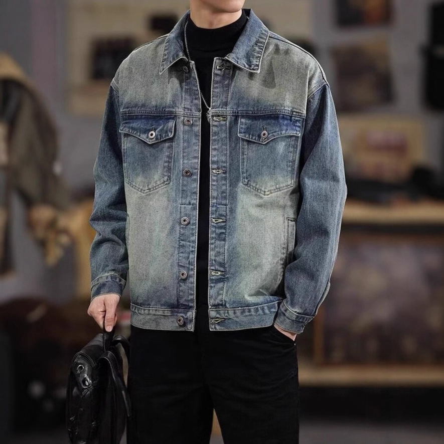 American Style Spring Autumn Trendy Brand Denim Jacket For Men High Street Style Cool Loose Casual Designer Jacket Workwear Denim Jacket