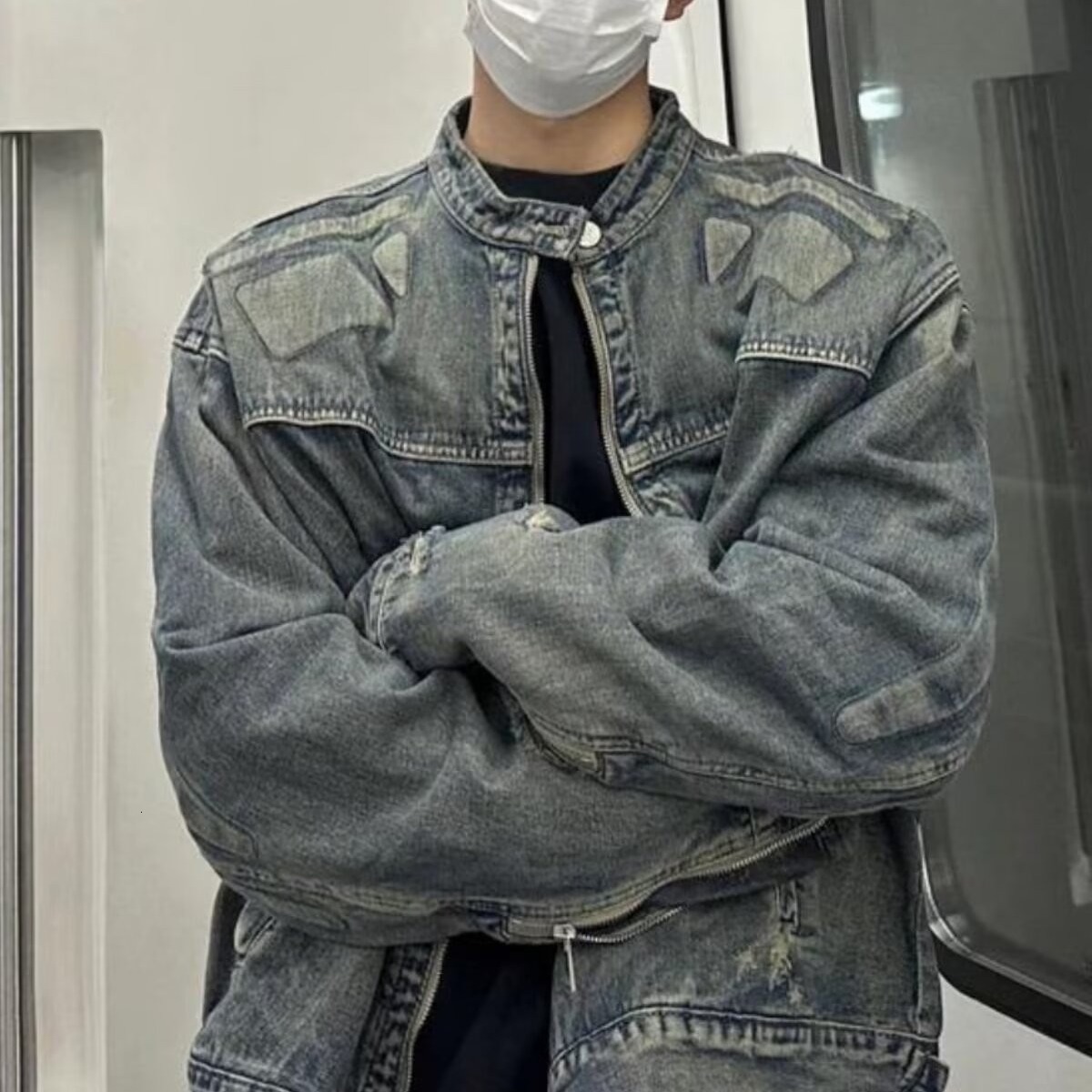 New American Style Designer Jacket Washed Vintage Spring Autumn Denim Jacket For Men Loose Stand Collar Casual Zipper Jacket Top