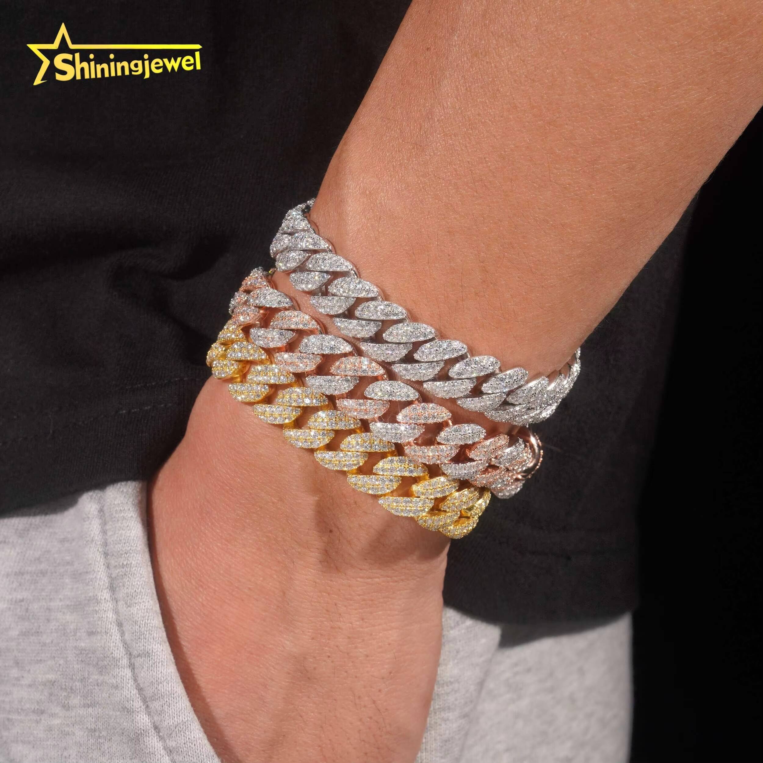 Promotion Sale RTS Hip Hop Jewelry 12mm Solid 925 Sterling Silver Men Bracelet Iced Out VVS Moissanite Chain Cuban Link Bracelet