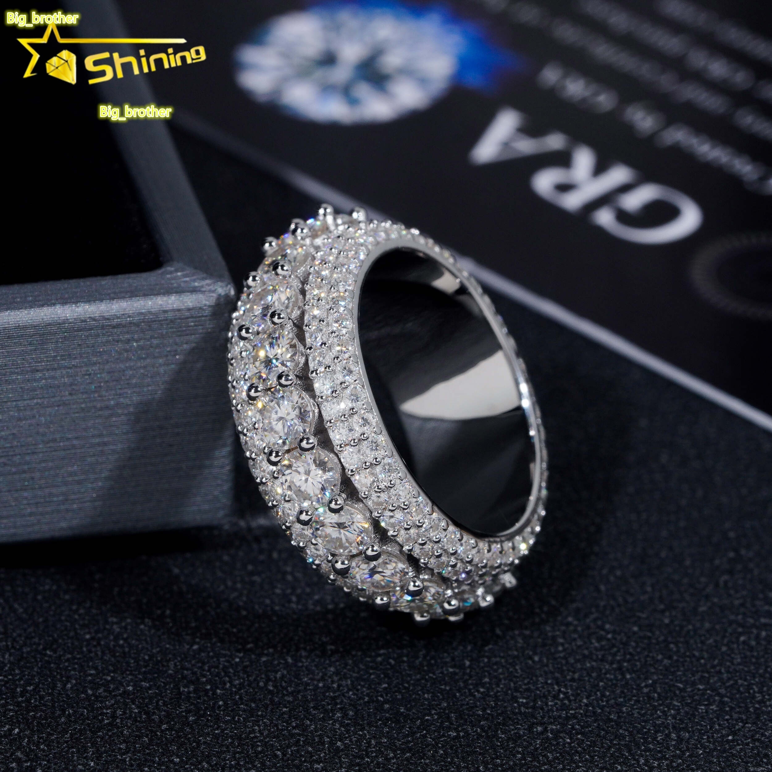 LuxuryMoissanite ring Rappers Jewelry Gold Plated Solid Inside 925 Sterling Silver Hip Hop Fully Iced Out Moissanite Band Ring