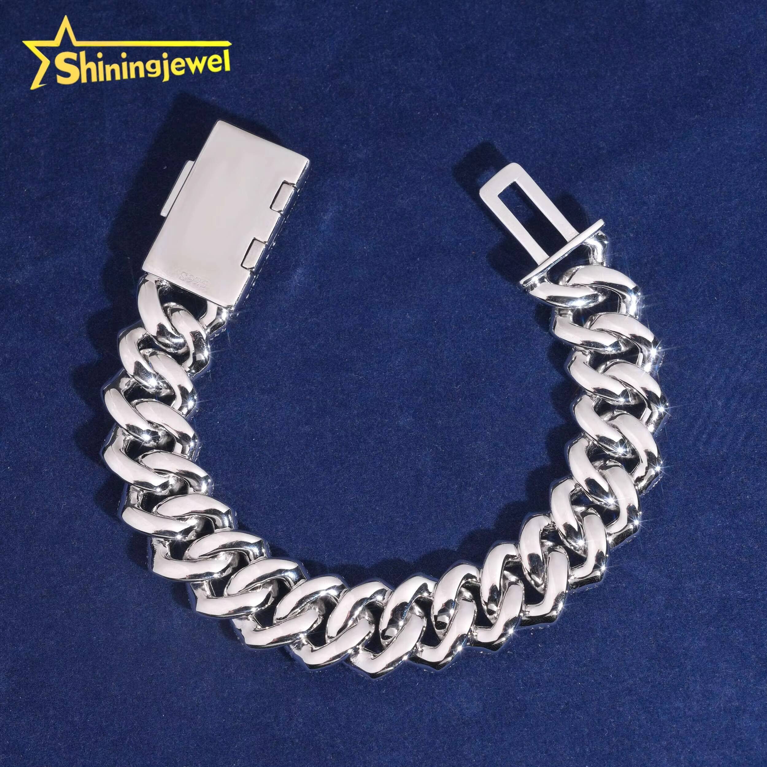 Hot Sale 15mm Cuban Chain Moissanite Men Hip Hop Sterling Silver 925 Gold Plated Moissanite Pass Diamond Test Cuban Bracelet