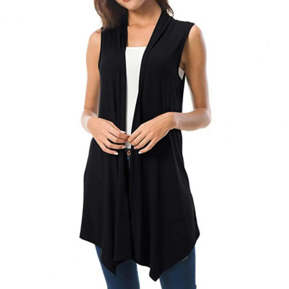 Women Cardigan Vest Solid Color Sleeveless Tank Top Open Front Draped Midlength Hem Waistcoat Lady Coat 251029