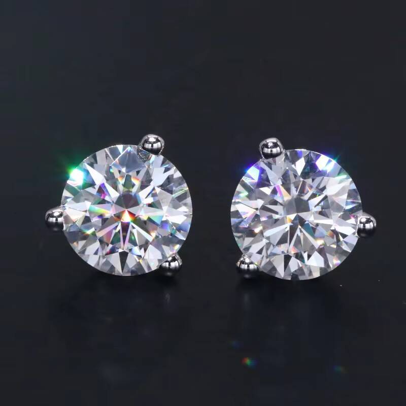 Fast Delivery Fine Jewelry 2 Carats Moissanite round Cut 14K Solid White Gold Earrings Trendy Three Prongs Design for Weddings