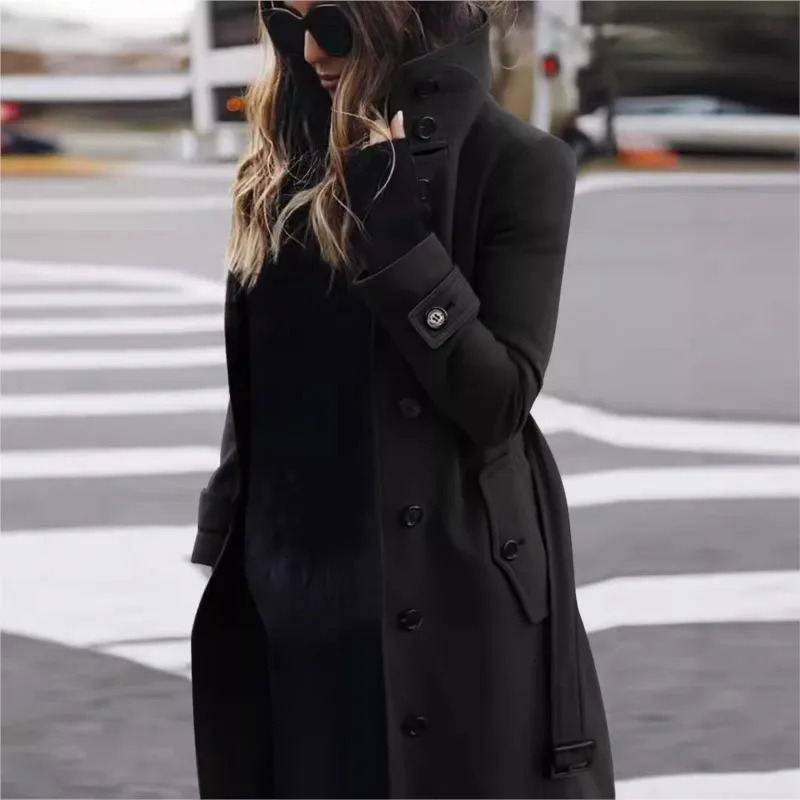 Autumn Winter Woolen Coat Womens Slim Fit Cardigan Large Coat Women Long Sleeve Single Breasted Stand Collar Trench coats 251029