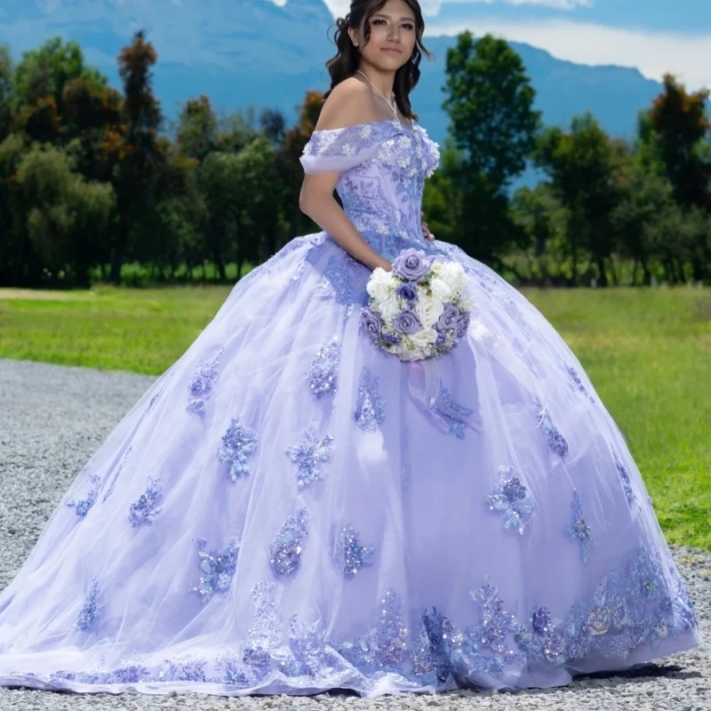Blue Shiny Ball Gown Quinceanera Dresses Off The Shoulder Sequin Applique Lace Beading Tull Party Birthday Sweet 16 Dress Vestidos 15 Anos