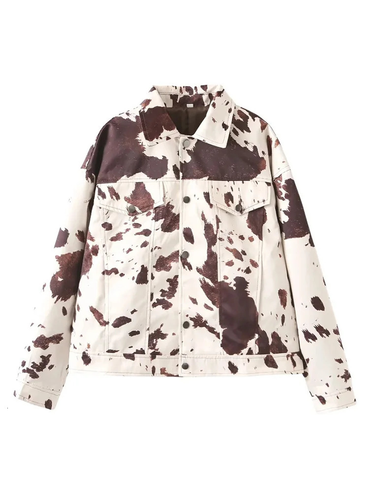 Womens Fashion Printed Lapel Jacket Casual Short Long Sleeve Patch Pocket Jacket High Street Autumn Jacket 251028