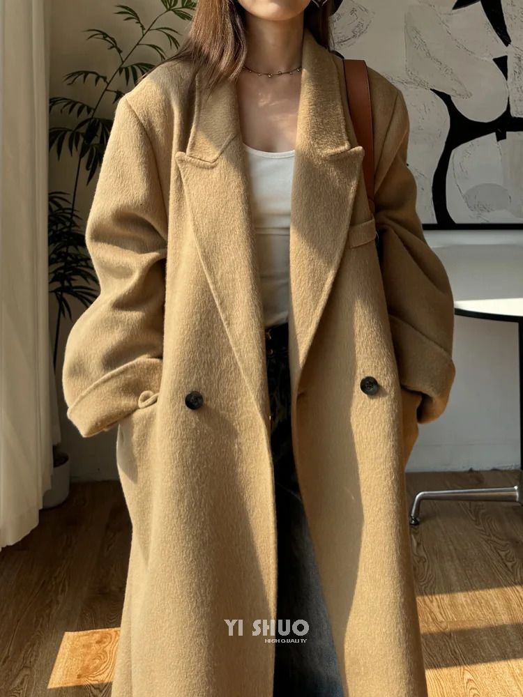 Long Loose Gray 100Wool Coat Women Korean Fashion Elegant Camel Winter Jacket 251028