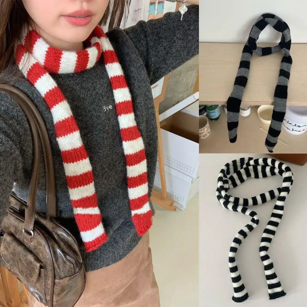 Red Stripe Soft Knitted Scarf Y2K Harajuku Knitted Long Scarves Korean Thick Warm Scarf Woman Decorative Neck Tie Neckerchief 251029