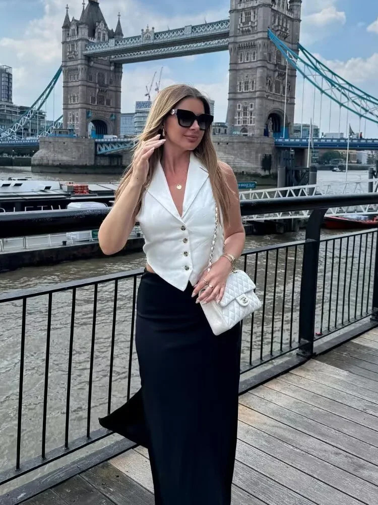 SLTNX Summer Women Turndown Collar Vests Back Lace Up Chic Single Breasted Waistcoat Tops Lady Sleeveless In Vest 251029