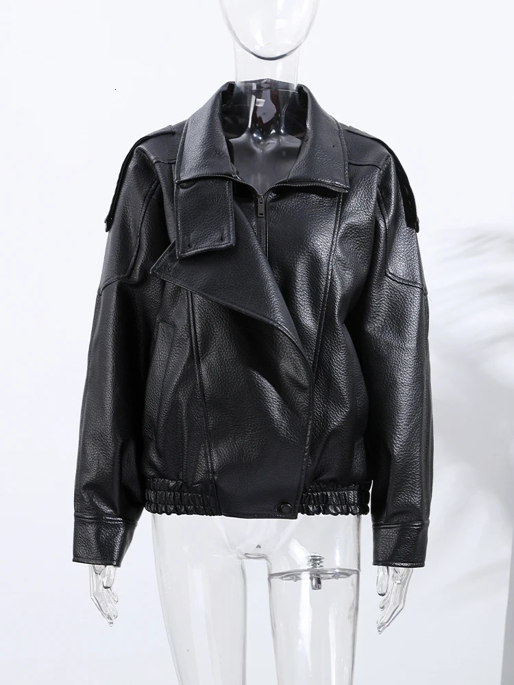 Street Stand Collar Womens Leather Jacket Loose Long Sleeve Zipper Pockets Chic Female Coats 2025 Autumn Winter Lady Outerwear 251029