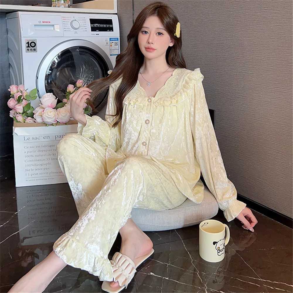 Autumn Velvet Pajamas Set Long Sleeve Shirt Trouser Suits Sexy Lace Trim VNeck Sleepwear Loose Casual Home Wear LoungewearT251029