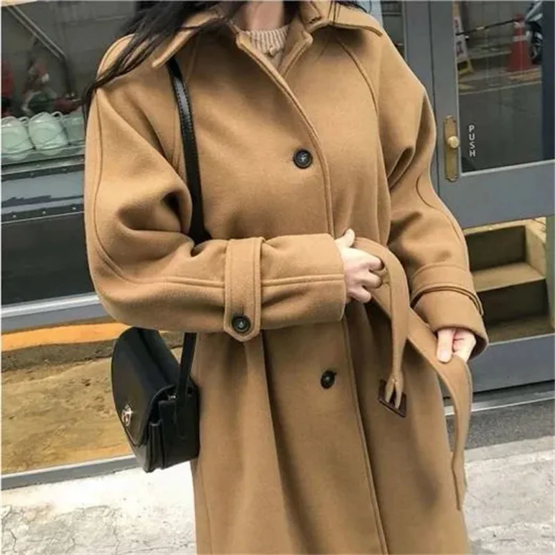 AutumnWinter Korean Loose Woolen Jacket Coat Female Slim Temperament With belt Womens Thicken Long Wool Overcoat 251028
