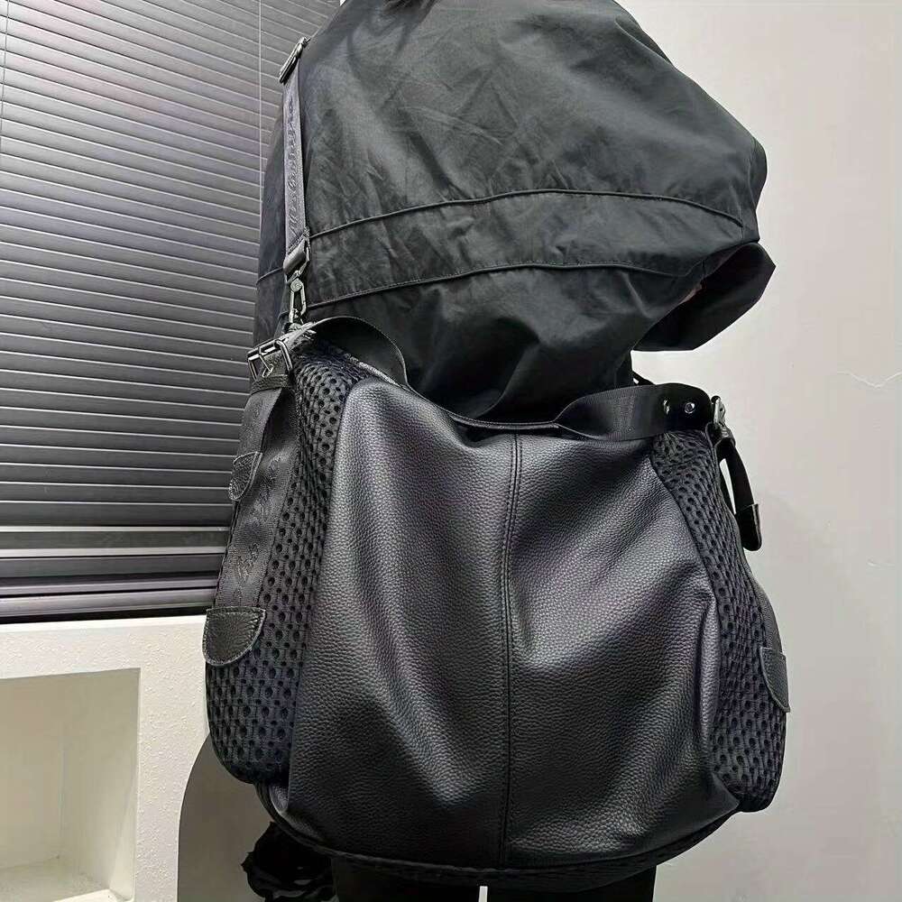 Large Capacity Mesh Spliced Shoulder Bag Street Style Handbag With Adjustable Strap, Black Nylon Polyester Lining, Zipper Closure For Daily