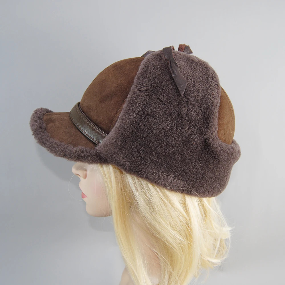 Real Fur Wool Hat Unisex Winter Warm Bomber Russian Ushanka Hats With Ear Flaps Cow Leather Thick Snow Earflaps Baseball Cap 251029