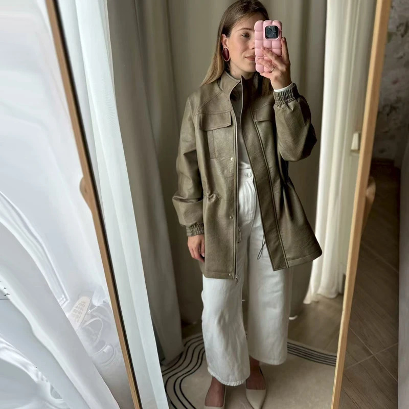 Women Fashion 2025 Fall Autumn Pu Leather Jacket with Elastic adjustable waist Female Coat and Outerwear 251029