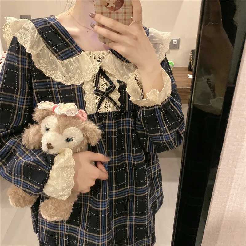 Night Wear Woman Sexy Sweet College Style Pajamas Women Long Sleeve Lace Doll Collar Gradient Grid Loungewear Long Sleeve TrousT251029