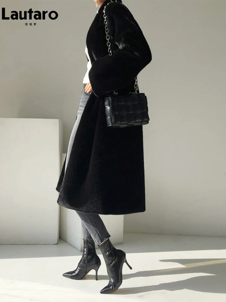 Lautaro Winter Long Black Elegant Stylish Thick Warm Fluffy Hairy Soft Faux Mink Fur Coat Women Stand Collar Sashes 251029