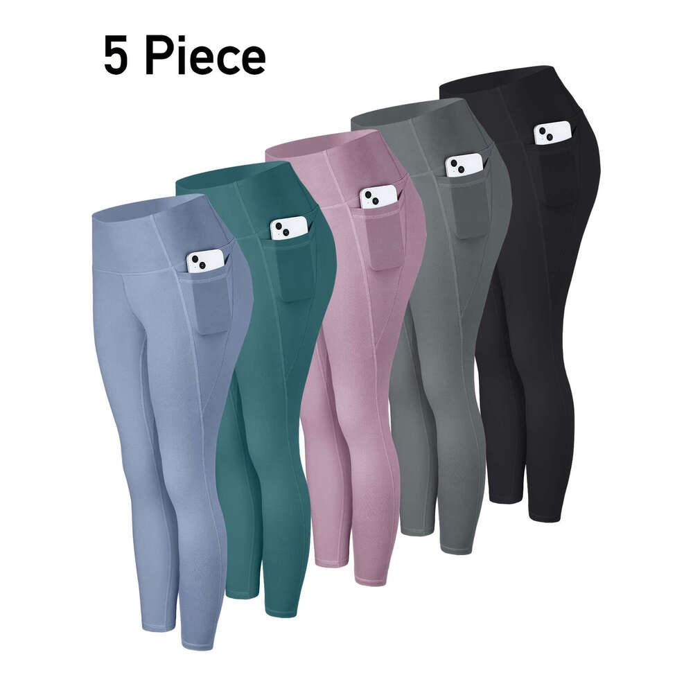 5pcs Multi-Color Pack Maroon/Blue/Black/Olive Women's High-Waisted Leggings with Side Pockets - Non-See-Through & Pants, Stretchy Cropped Bottoms
