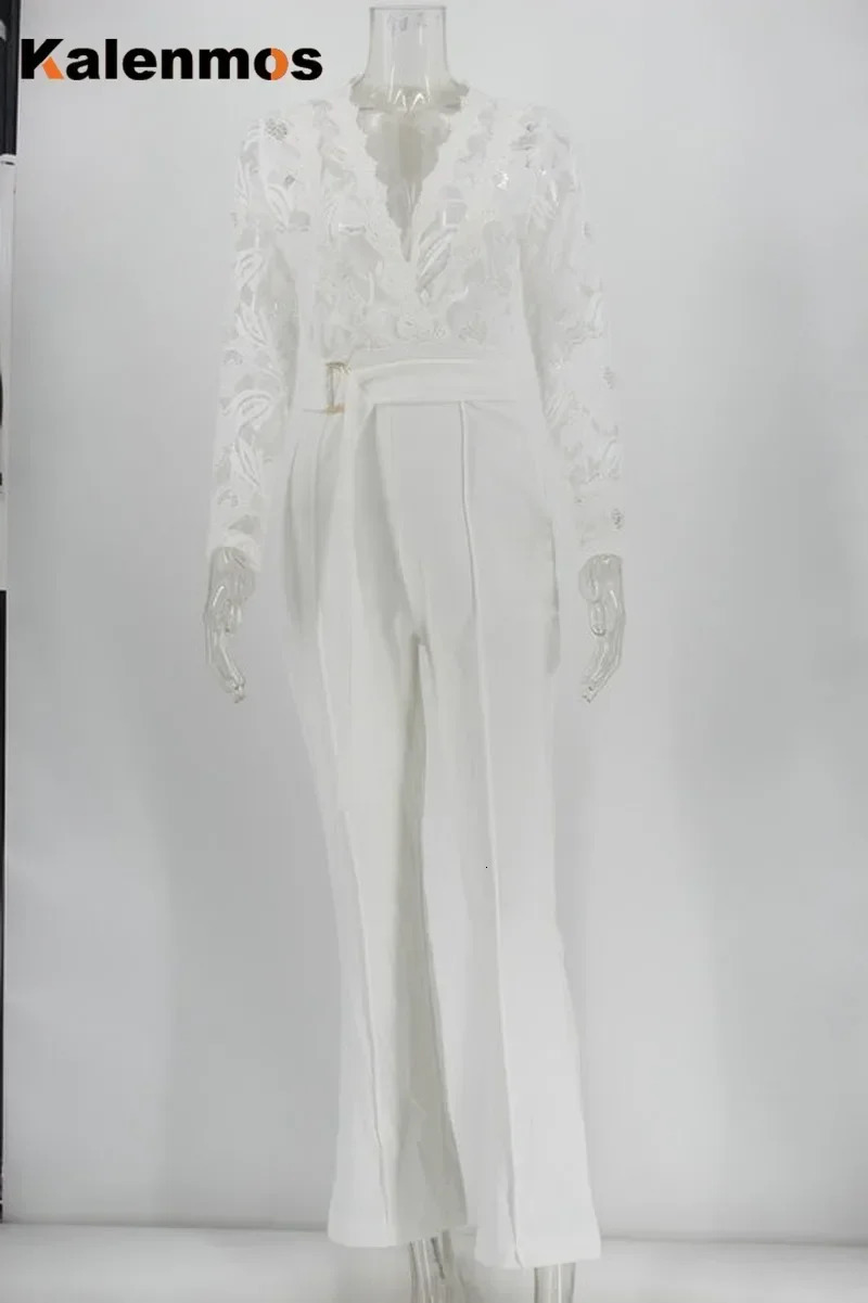 White Jumpsuit Women Overalls Elegant Lace Long One Piece High Waist Feather Y2k Sexy Wedding Party Night Evening Rompers 251027