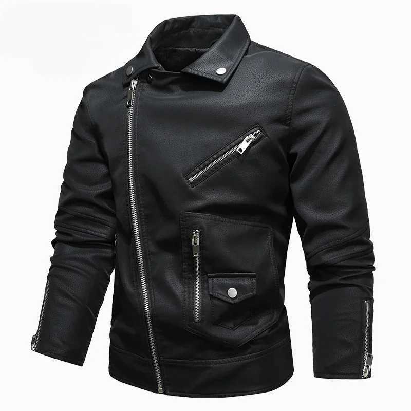 Mens Faux PU Leather Jacket Black Biker Coat with Diagonal Zipper Big Lapel Euro Size Korean Style Trendy Outerwear MotorcycleT251029