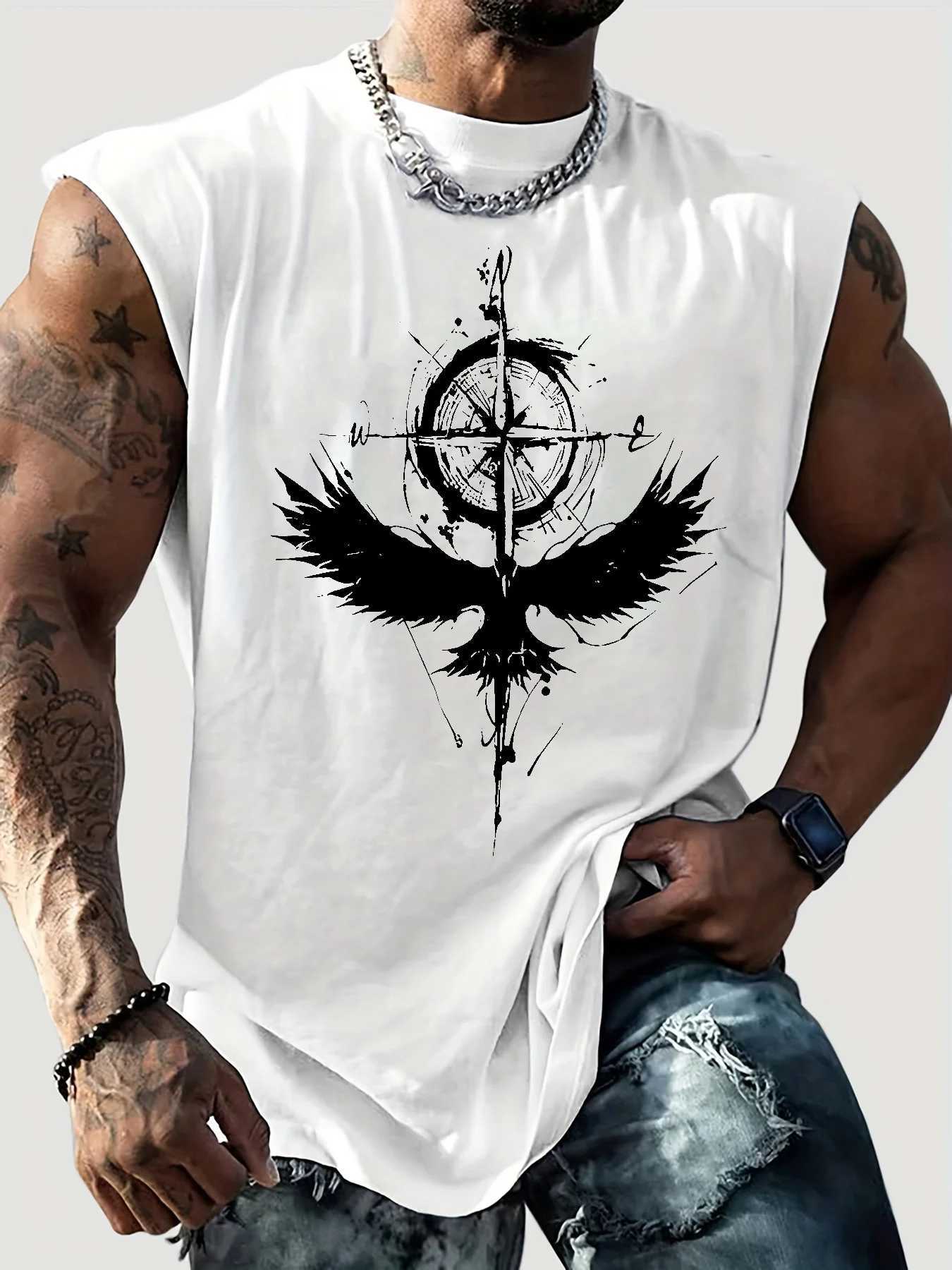 Mens Summer Leisure Sports Fitness Loose Tribal Graphic Printed Comfortable Breathable Round Neck Sleeveless Tank Top W251029