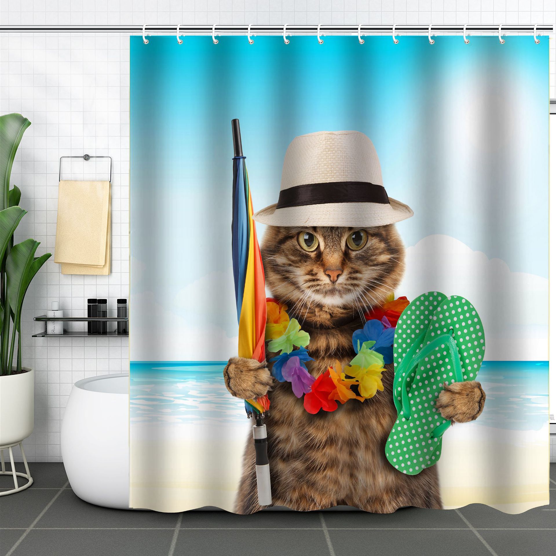 YL-37583 3D Digital Shower Curtain for Kitty Bathing, Bathroom Dry and Wet Separation, Polyester with Hooks, Isolation Curtain