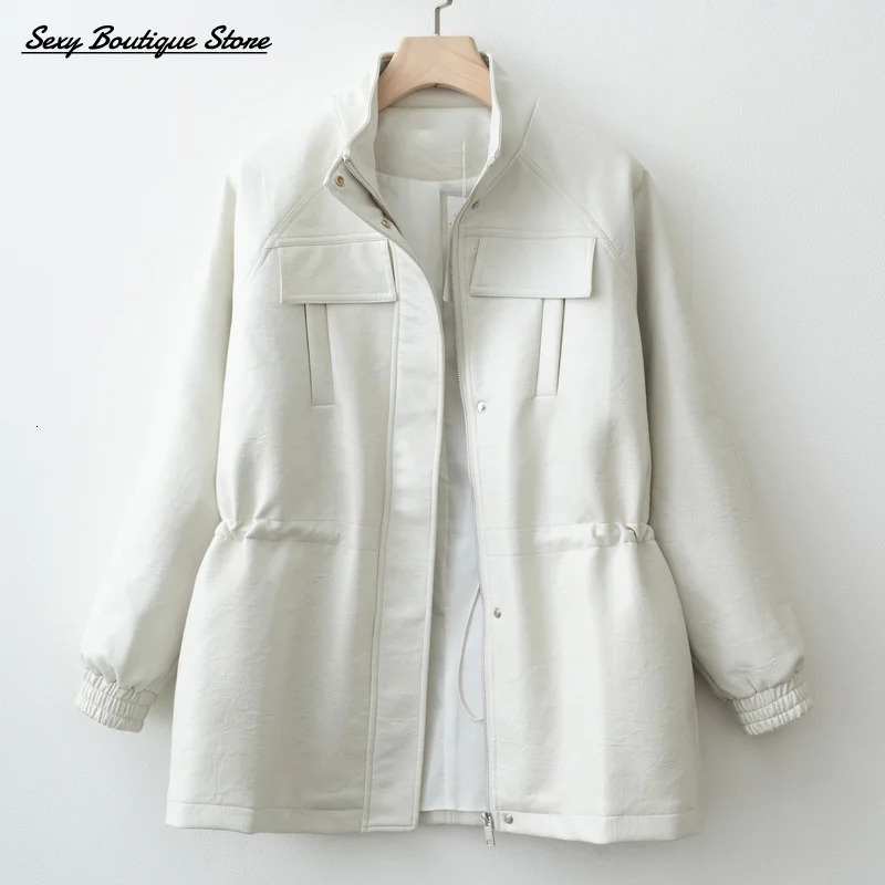 Autumn Winter Pu Leather Jacket For Women Solid Full Sleeve Elastic Adjustable Waist Coat 2025 Lady Fashion Casual Outwears 251029