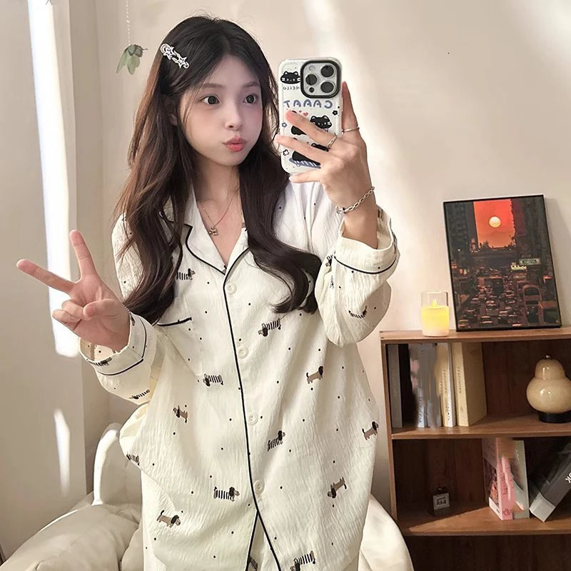 Dot Letter Dog Print Kawaii Pajamas for Women Harajuku Style Sweet Cute Sleepwear Woman Spring Cartoon Set Casual 251029