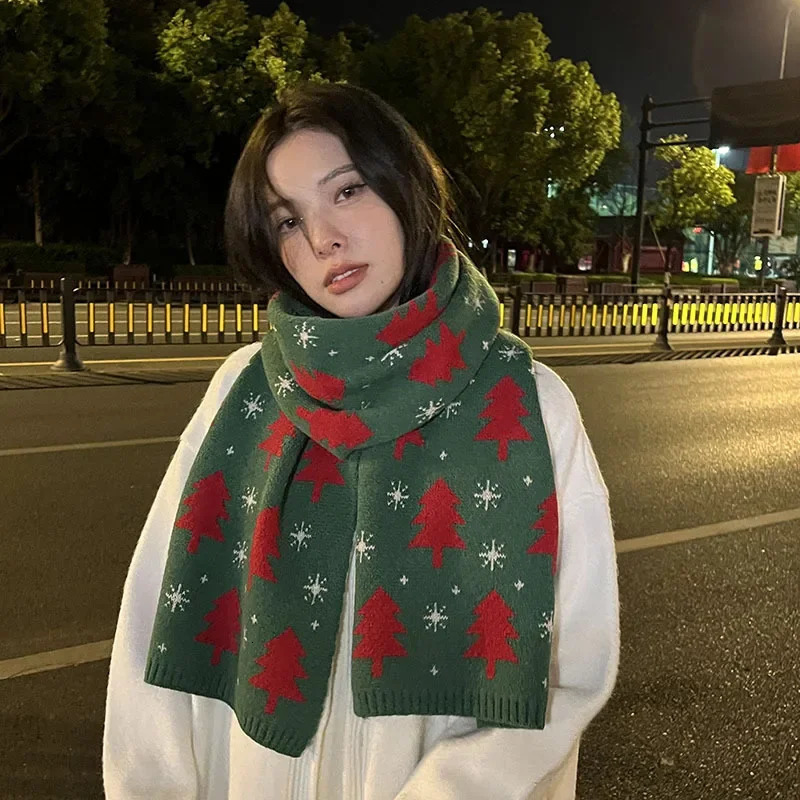 1 Pairs Christmas Tree Red Knitted Scarf Womens Match Christmas Gift Autumn and Winter Warm Neck Protection Scarf Green Scarf 251029
