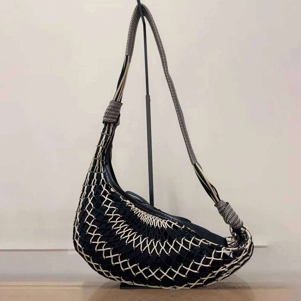 Niujiao Net Summer New Ins Fashion Contrast Color Hollow Knitted Canvas Women's One-Shoulder Crossbody Bag Suotong1029