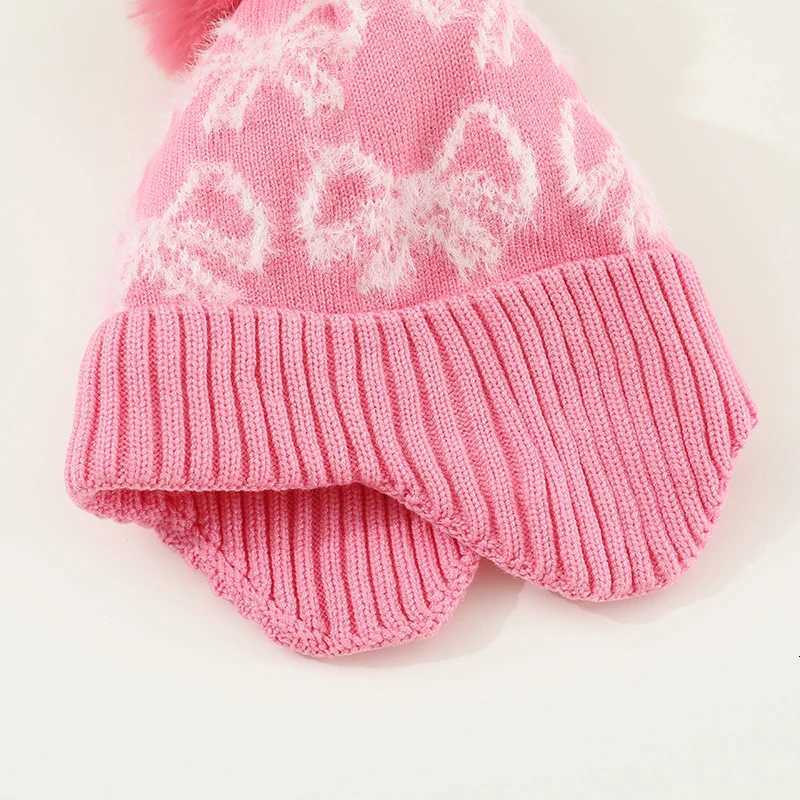 Children Girl Pink Bow Plsuh Beanies Winter Warm Baby Ear Protection Hat Velvet Lining Earmuffs Cap 15year Kids Woolen Knit Hat251028