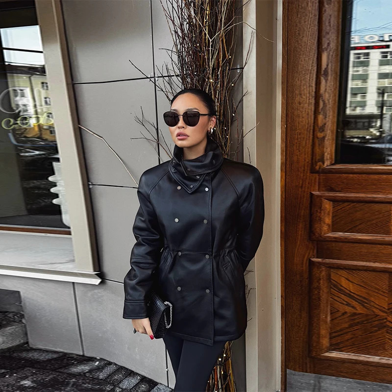 Women Fashion Black Leather jacket Double slim fit stand up collar Coat 2025 Autumn High Street Outfits Womens jackets 251029