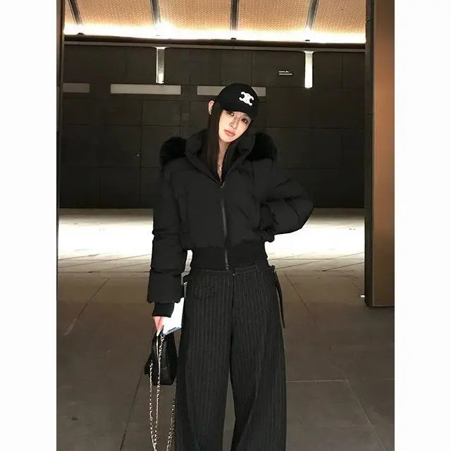 Simple Solid Color Short Parka Coat Fashionable Street Zipper Hooded Short Cotton Clothing Winter Clothes Women Jacket Women 251013