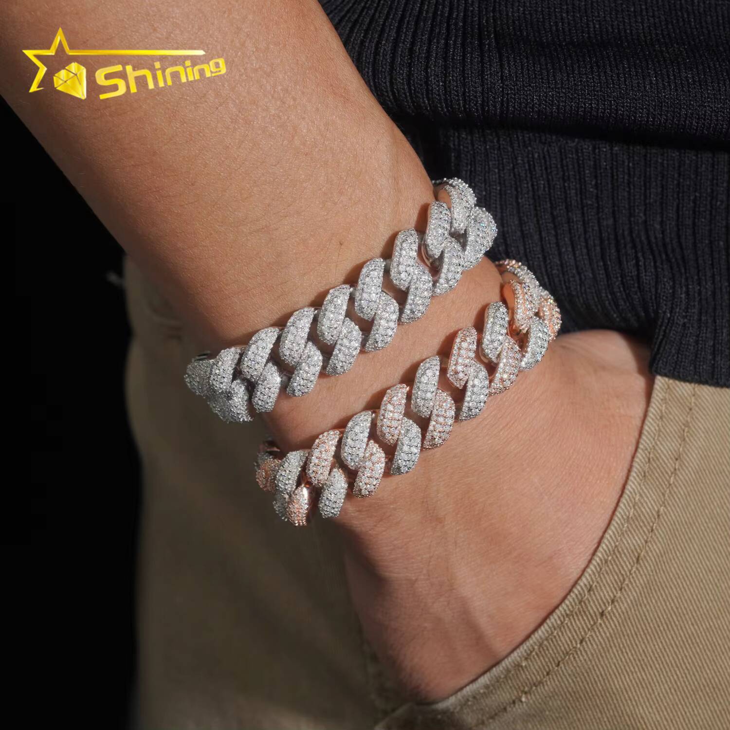 Hip Hop Jewelry 925 Silver Bracelet for Men Iced Out Two Tone 16mm VVS Moissanite Cuban Bracelet GRA Certificated