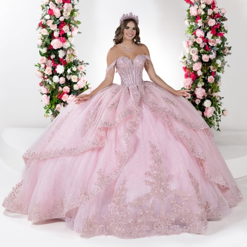 Light Pink Shiny Quinceanera Dresses Off The Shoulder Applique Lace Beads Bow Tull Party Birthday Sweet 16 Dress Vestidos 15 de anos