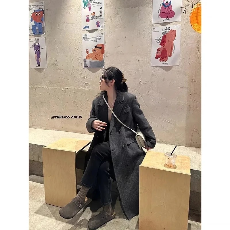 Fashion 100 Wool Long Coat For Women Oversize Woolen Double Button Lapel Overcoat Autumn Lady High Street Outerwear 251028