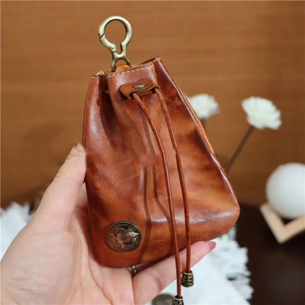 Retro Genuine Leather Coin Purse Pouch Drawstring Wallets Car Key Bag Simple Hanging Bag 251029